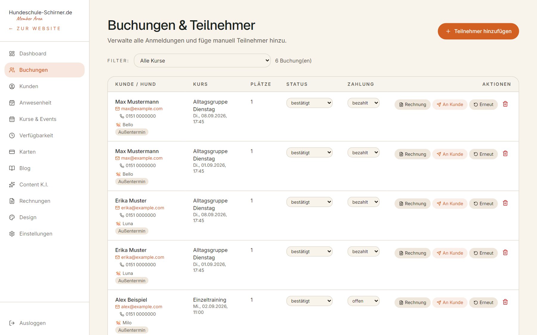 Buchungsübersicht in der Member Area — Desktop