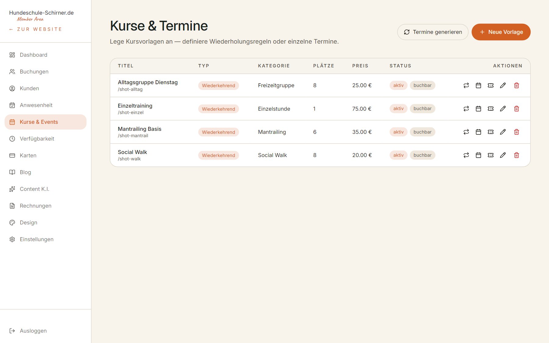 Kurs- und Eventverwaltung in der Member Area — Desktop