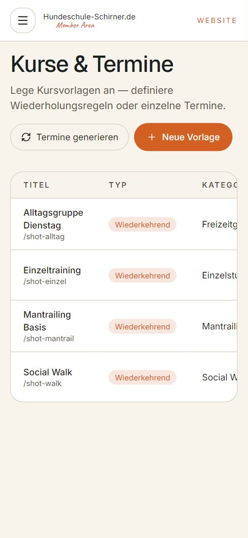 Kurs- und Eventverwaltung in der Member Area — Mobil