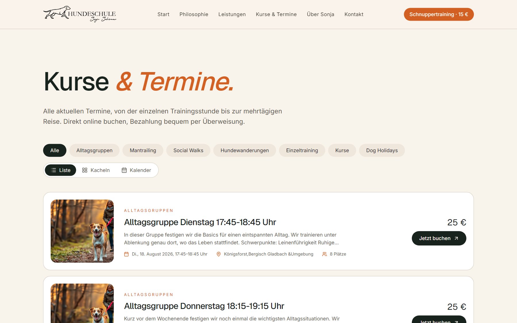 Kurs- und Terminübersicht zum Online-Buchen — Desktop